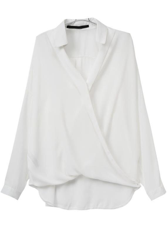 Romwe Asymmetrical Wrap Front White Blouse