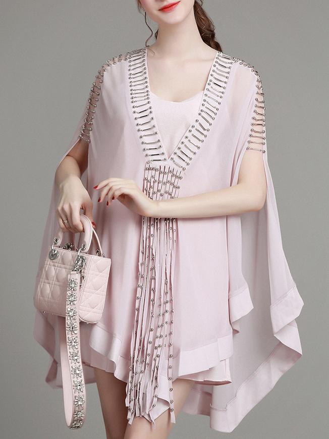 Romwe Pink V Neck Beading Cape Dress