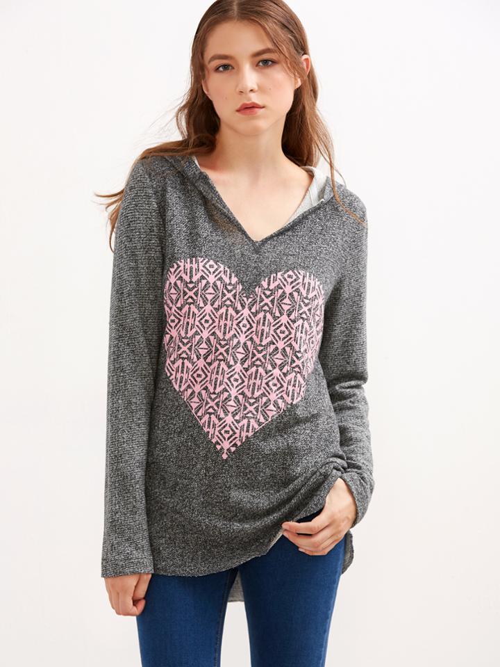 Romwe Grey Heart Print Hooded Sweatshirt