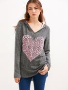 Romwe Grey Heart Print Hooded Sweatshirt