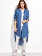 Romwe Blue High Low Curved Hem Denim Blouse