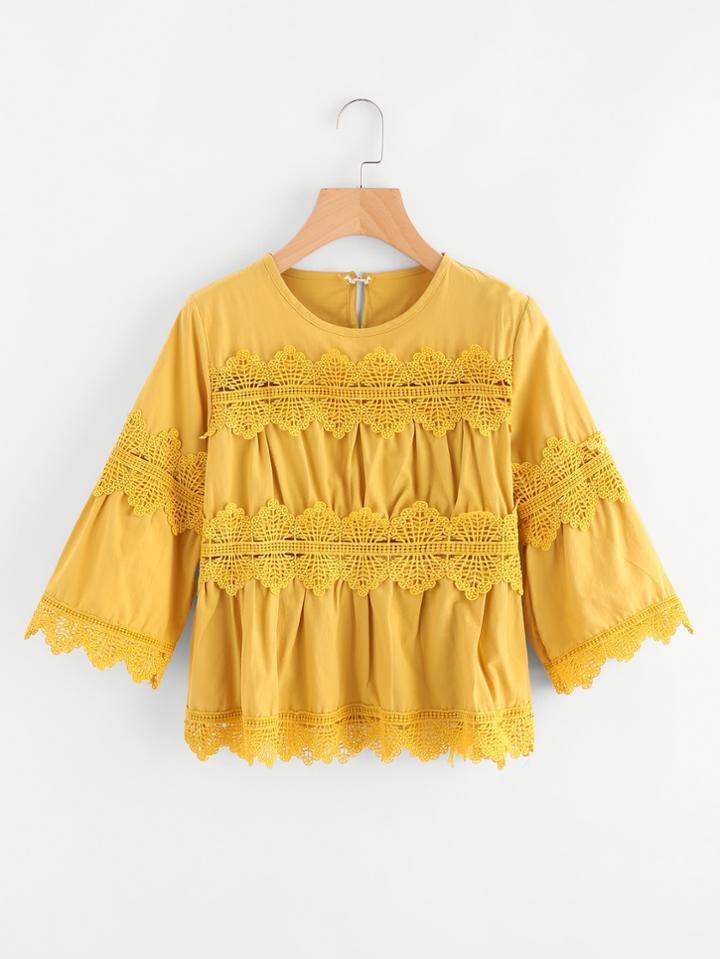 Romwe Lace Trim Keyhole Back Blouse