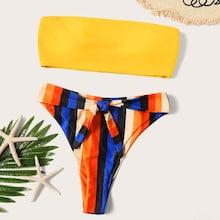 Romwe Bandeau With Striped Self Tie High Cut Bikini