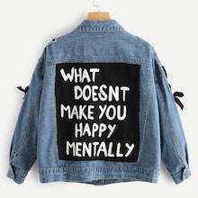 Romwe Letter Print Lace Up Denim Jacket