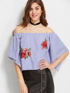 Romwe Blue Striped Overlap Back Off The Shoulder Top With Patch