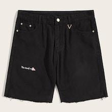 Romwe Guys Letter Embroidery Denim Shorts