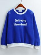 Romwe Contrast Trim Letter Embroidered Blue Sweatshirt