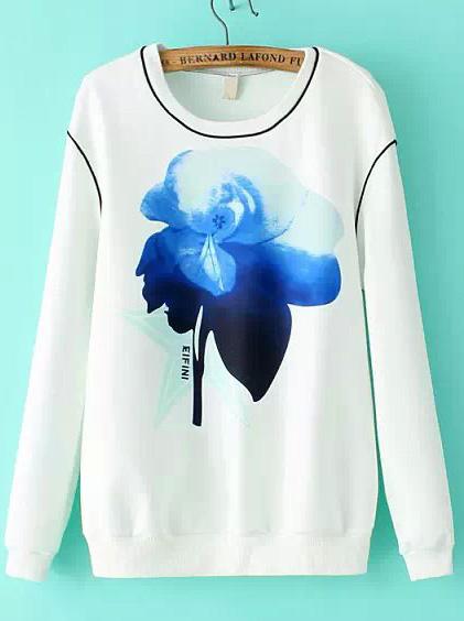 Romwe White Round Neck Floral Loose Sweatshirt