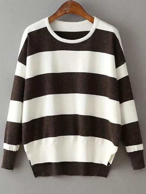 Romwe Grey Contrast Striped Split Side Dip Hem Knitwear
