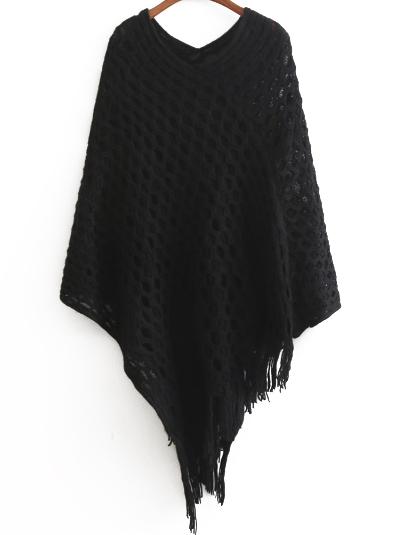 Romwe V Neck Hollow Fringe Black Poncho