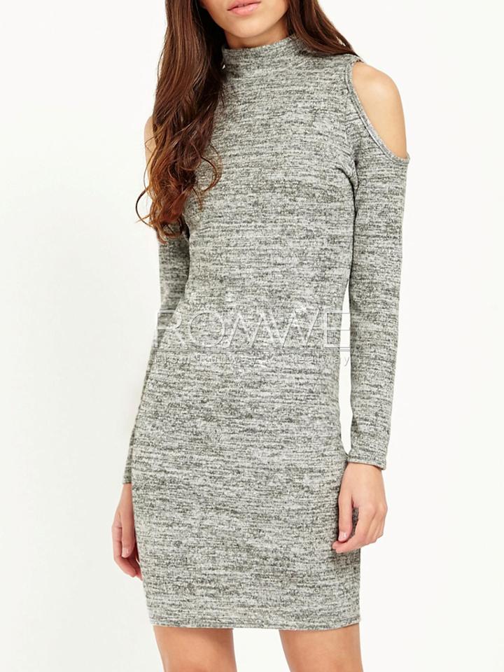 Romwe Grey Mock Neck Cold Shoulder Dress