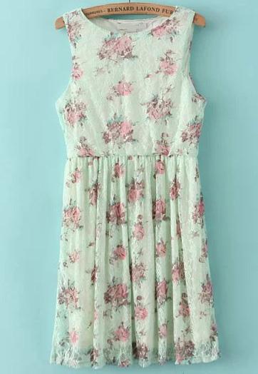 Romwe Green Sleeveless Floral Pleated Lace Dress