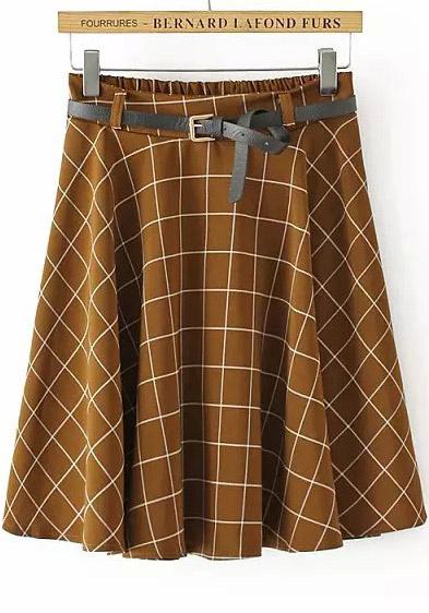 Romwe Khaki Elastic Waist Plaid Pleated Skirt