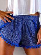 Romwe Blue Printed Pom Pom Trim Wrap Shorts
