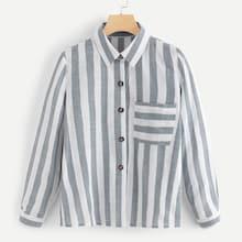 Romwe Chest Pocket Striped Blouse