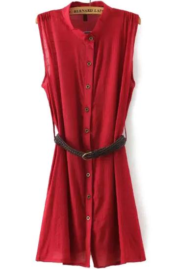 Romwe Stand Collar With Belt Shirt Red Dress