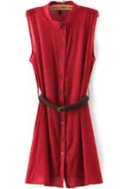 Romwe Stand Collar With Belt Shirt Red Dress