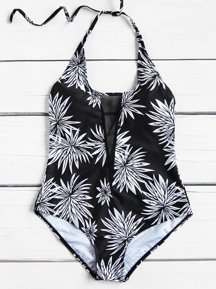 Romwe Printed Mesh Detail One Piece Swimsuit