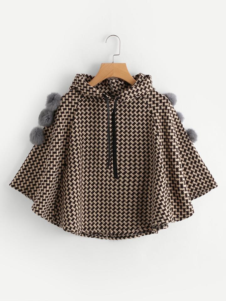 Romwe Seamless Pattern Pom Pom Trim Hooded Poncho Coat