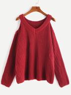 Romwe Burgundy V Neck Open Shoulder Sweater