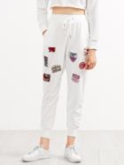 Romwe White Embroidered Patches Tie Waist Pants