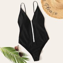 Romwe Zipper Front Plain One Piece Swimsuit