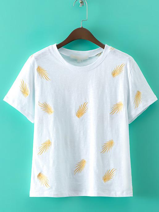 Romwe White Leaves Embroidery Slim T-shirt