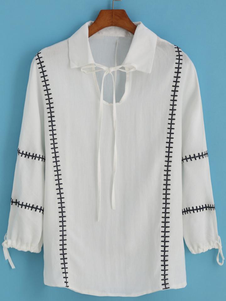 Romwe Lapel With Bow Embroidered Blouse