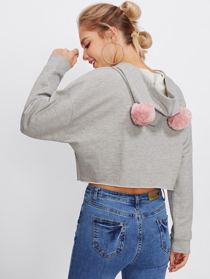 Romwe Raw Cut Hem Crop Pompom Hoodie