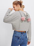 Romwe Raw Cut Hem Crop Pompom Hoodie