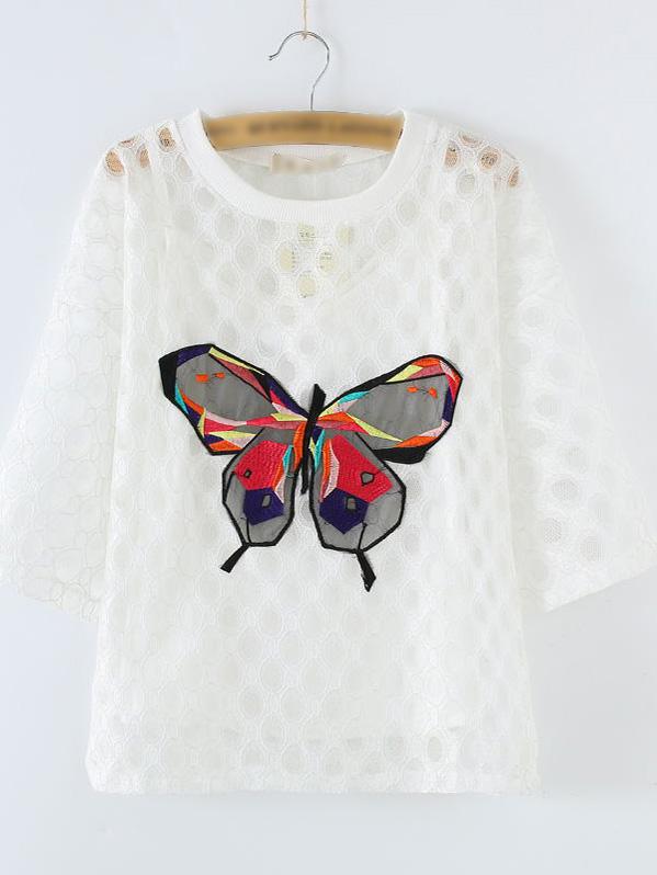 Romwe White See Through Butterfly Embroidery Blouse With Strap