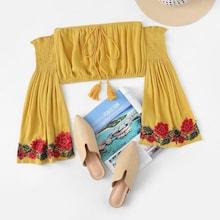 Romwe Bardot Embroidered Applique Flare Sleeve Crop Top
