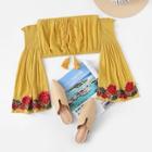 Romwe Bardot Embroidered Applique Flare Sleeve Crop Top