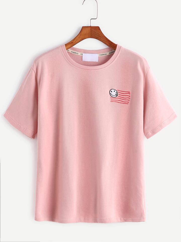 Romwe Pink Smile Face Embroidery T-shirt