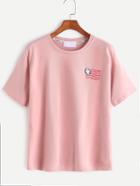 Romwe Pink Smile Face Embroidery T-shirt