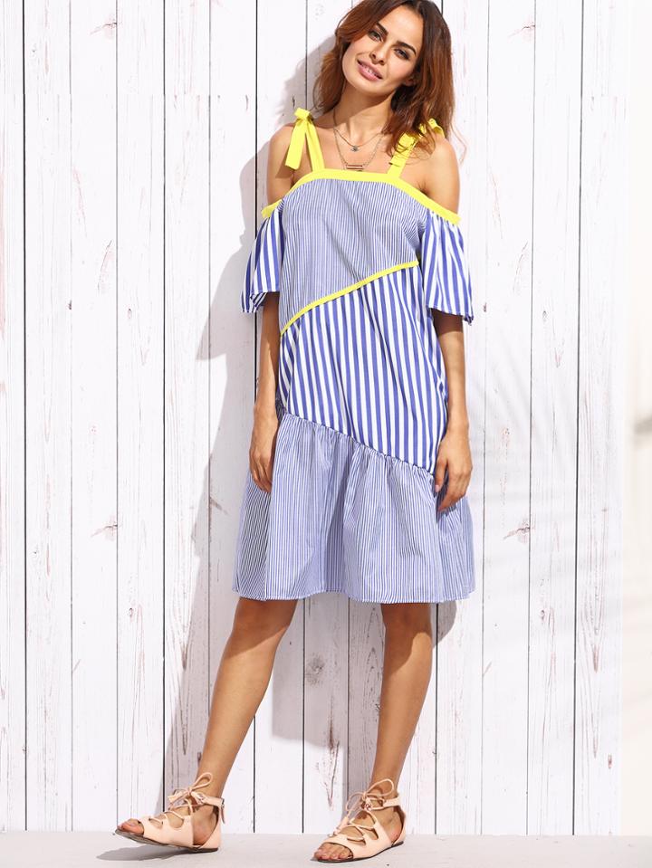 Romwe Blue Vertical Striped Cold Shoulder Patch Dress