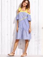 Romwe Blue Vertical Striped Cold Shoulder Patch Dress