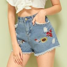Romwe Floral Embroidery Ripped Raw Hem Denim Shorts