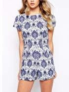 Romwe Blue And White Jewel Neckline Print Jumpsuit
