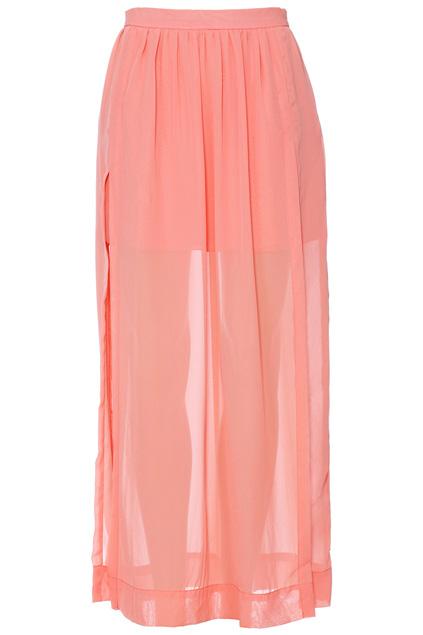 Romwe Double-layered Split Side Coral Chiffon Maxi Skirt