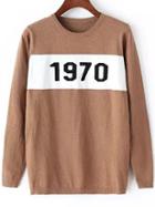 Romwe Number Print Jersey Khaki Sweater