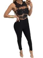 Romwe Sheer Lace Applique Jumpsuit With Back Zipper
