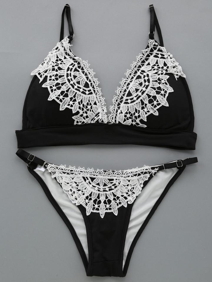 Romwe Black Lace Overlay Push Up Bikini Set