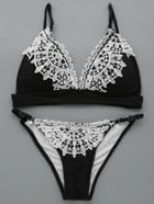 Romwe Black Lace Overlay Push Up Bikini Set