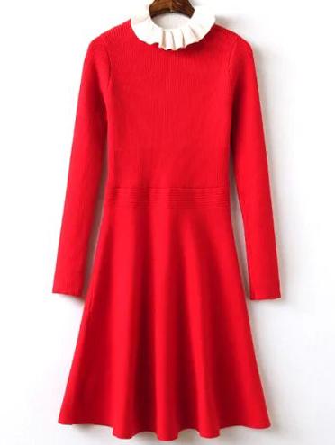 Romwe Ruffle Collar A-line Jersey Red Dress