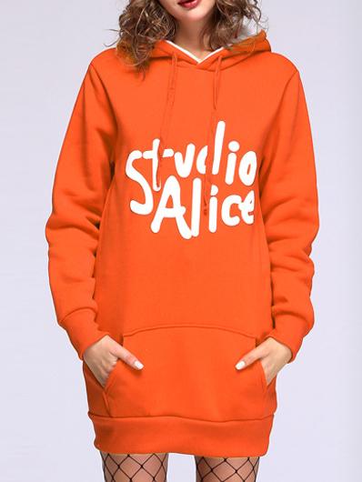 Romwe Hooded Drawstring Letter Print Orange Sweatshirt Dress