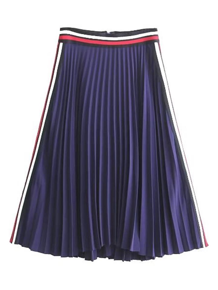 Romwe Striped Trim Zipper Back Pleated Skirt