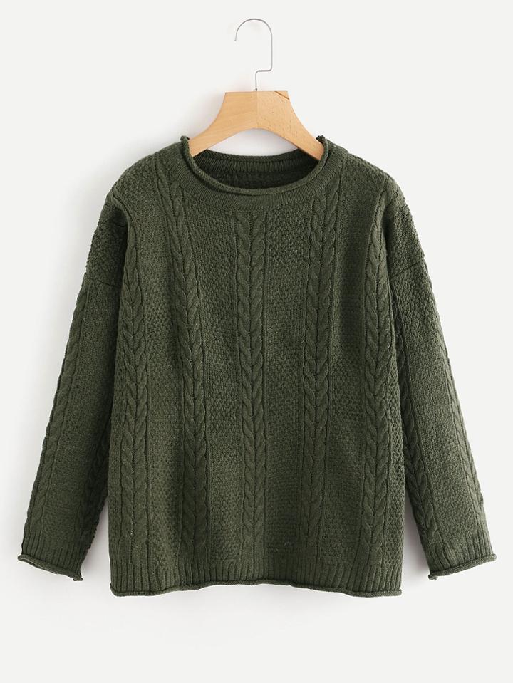 Romwe Drop Shoulder Rolled Trim Cable Knit Sweater