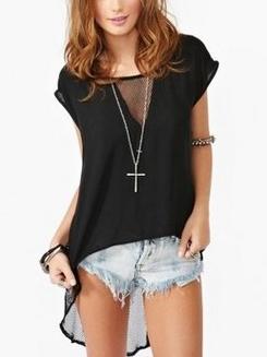 Romwe Mesh Panel High Low T-shirt