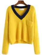 Romwe V Neck Pocket Yellow Sweater